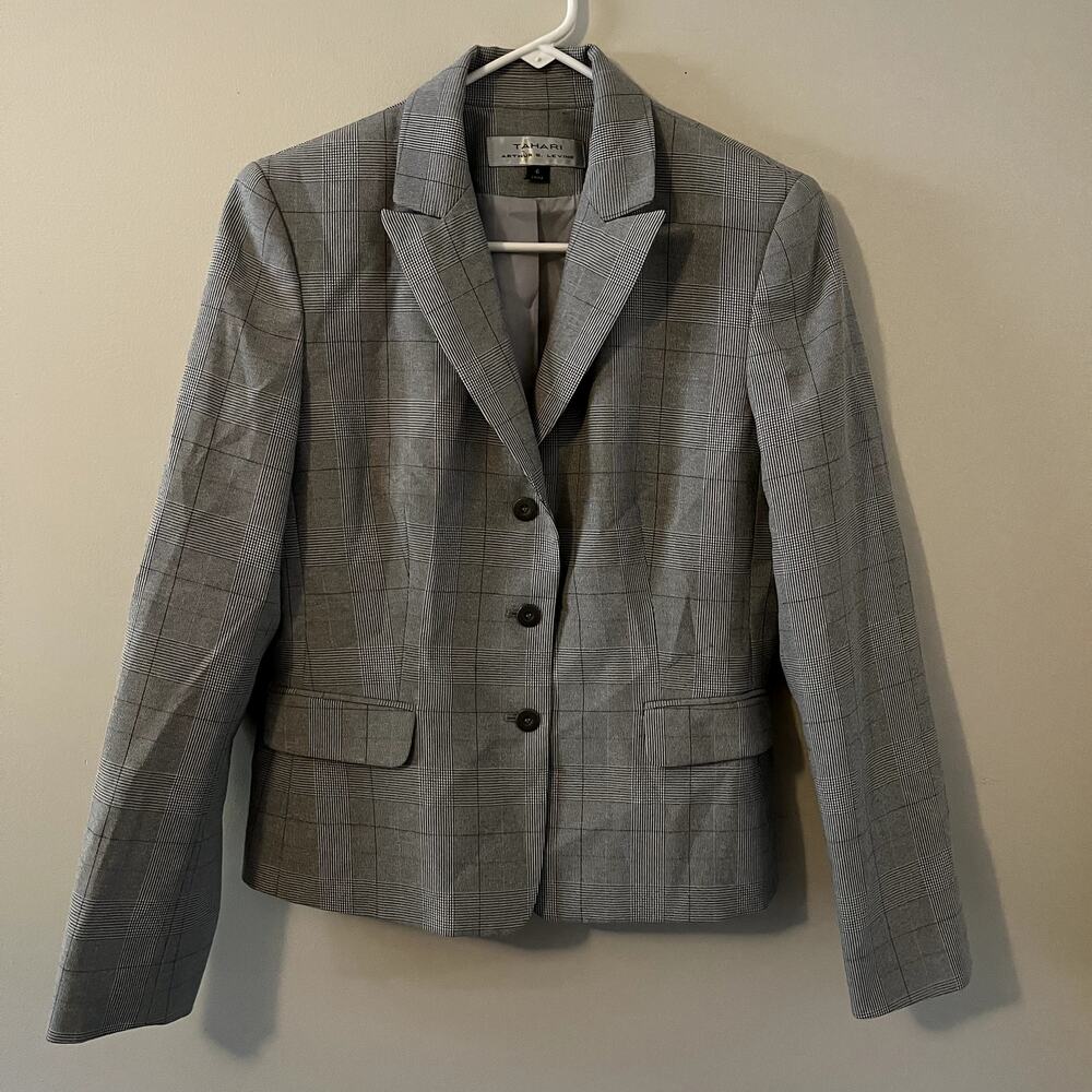 Tahari Plaid Striped Gray Button Down Blazer Women's 6
